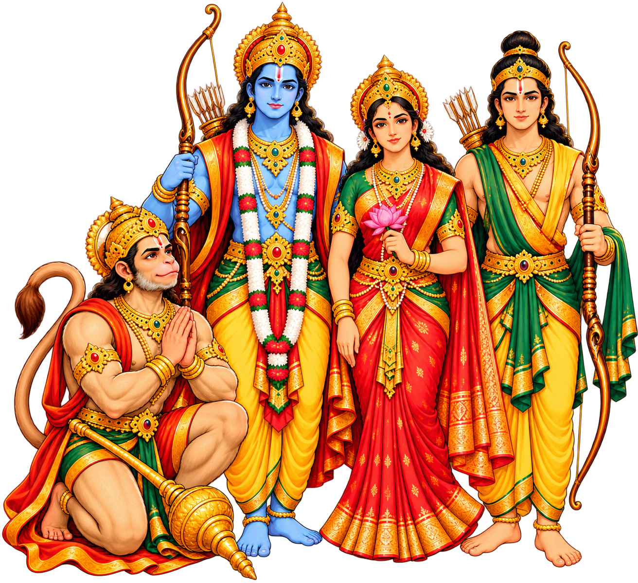 Rama, Sita, Lakshmana, and Hanuman